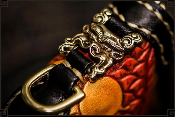 Handmade Leather Tooled Carp Mens Biker Chain Wallets Cool Leather Wallet Long Chain Wallets for Men