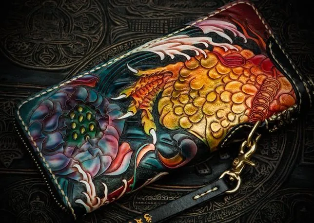 Handmade Leather Tooled Carp Mens Chain Biker Wallet Cool Leather Wallet Long Phone Wallets for Men
