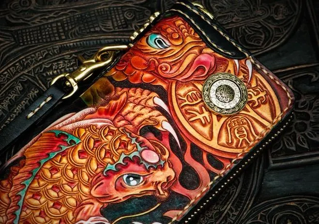 Handmade Leather Tooled Carp Mens Chain Biker Wallet Cool Leather Wallet Long Phone Wallets for Men