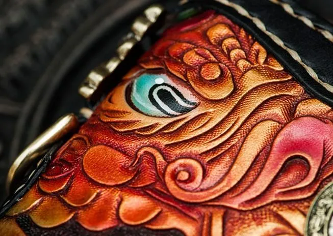 Handmade Leather Tooled Carp Mens Chain Biker Wallet Cool Leather Wallet Long Phone Wallets for Men