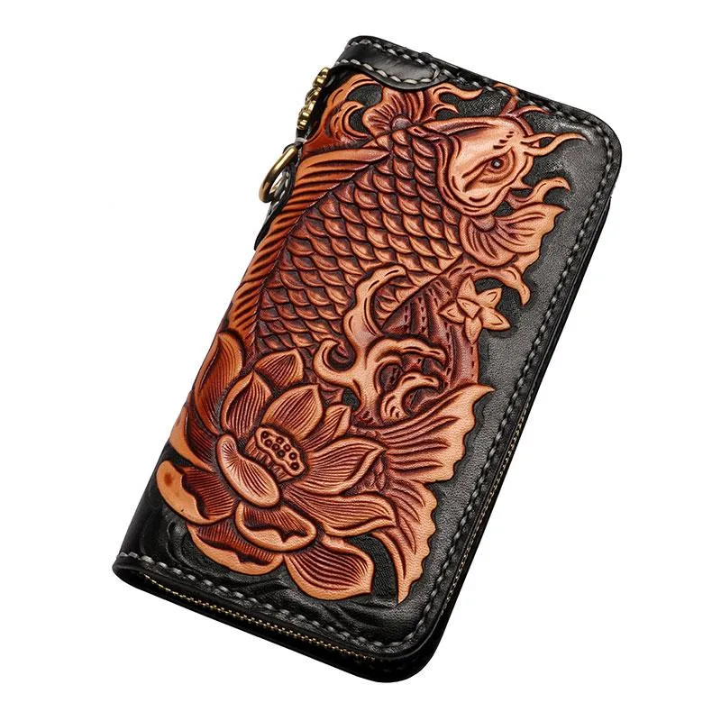 Handmade Leather Tooled Carp Mens Chain Biker Wallet Cool Leather Wallet Zipper Long Phone Wallets for Men