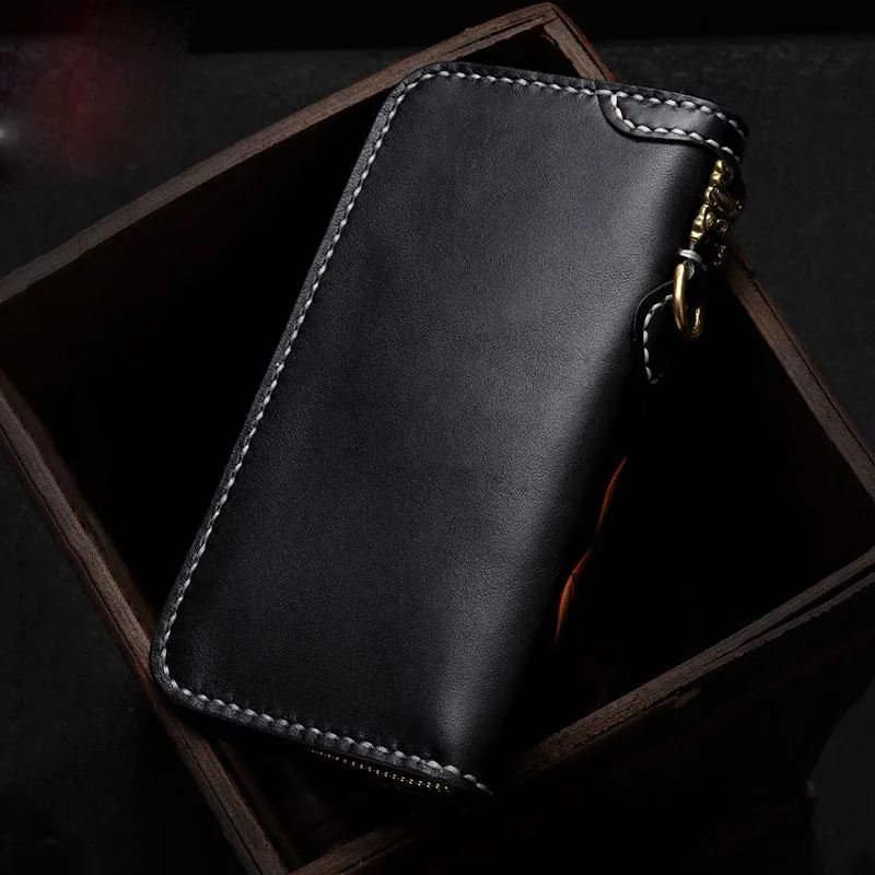 Handmade Leather Tooled Carp Mens Chain Biker Wallet Cool Leather Wallet Zipper Long Phone Wallets for Men
