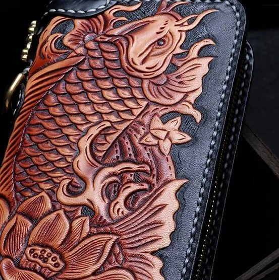 Handmade Leather Tooled Carp Mens Chain Biker Wallet Cool Leather Wallet Zipper Long Phone Wallets for Men