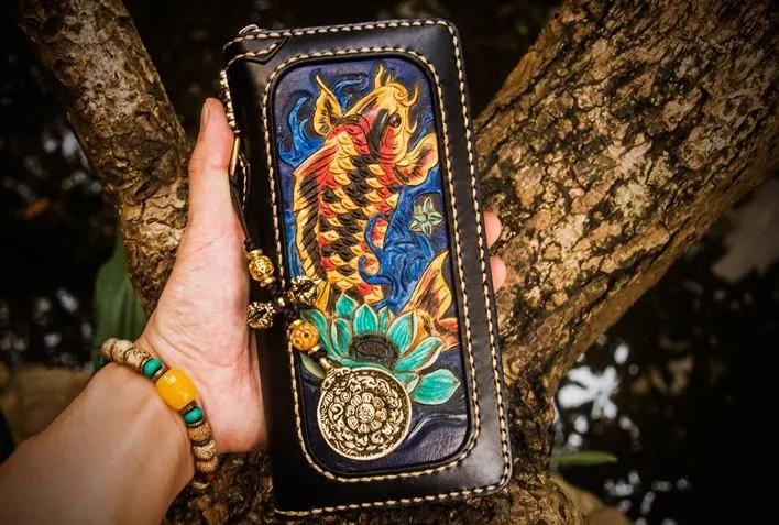 Handmade Leather Tooled Carp Mens Chain Biker Wallet Cool Leather Wallets Long Wallets for Men
