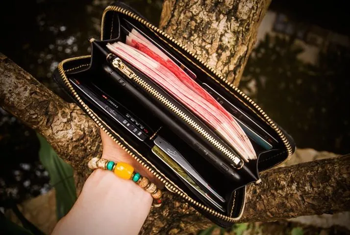 Handmade Leather Tooled Carp Mens Chain Biker Wallet Cool Leather Wallets Long Wallets for Men