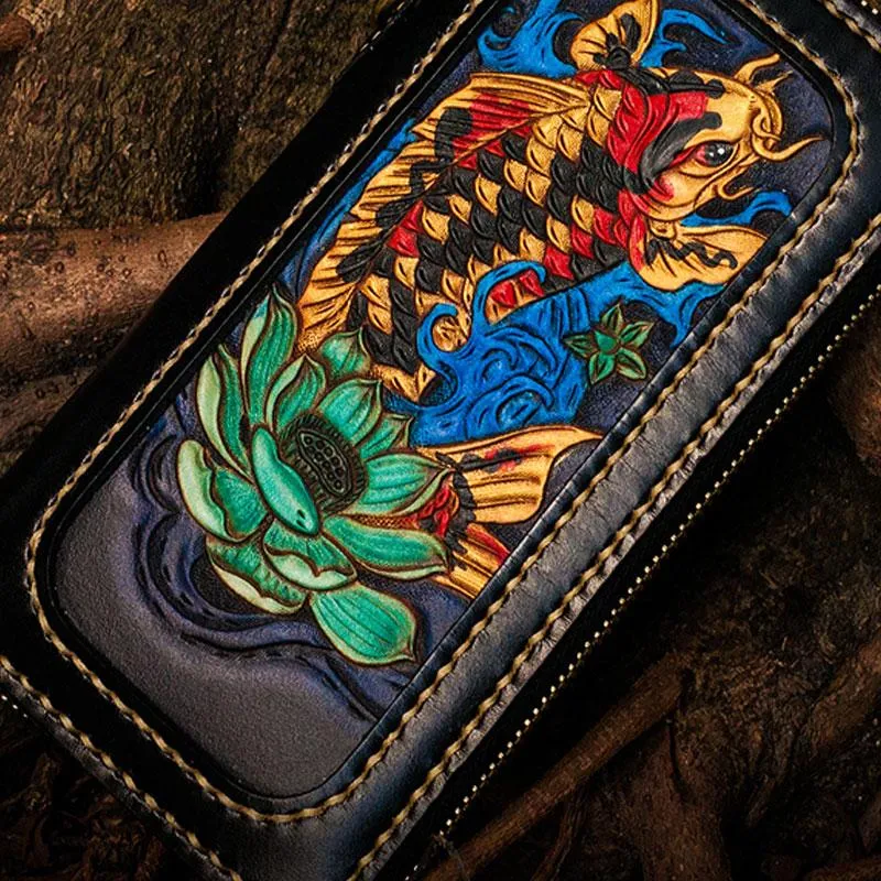 Handmade Leather Tooled Carp Mens Chain Biker Wallet Cool Leather Wallets Long Wallets for Men