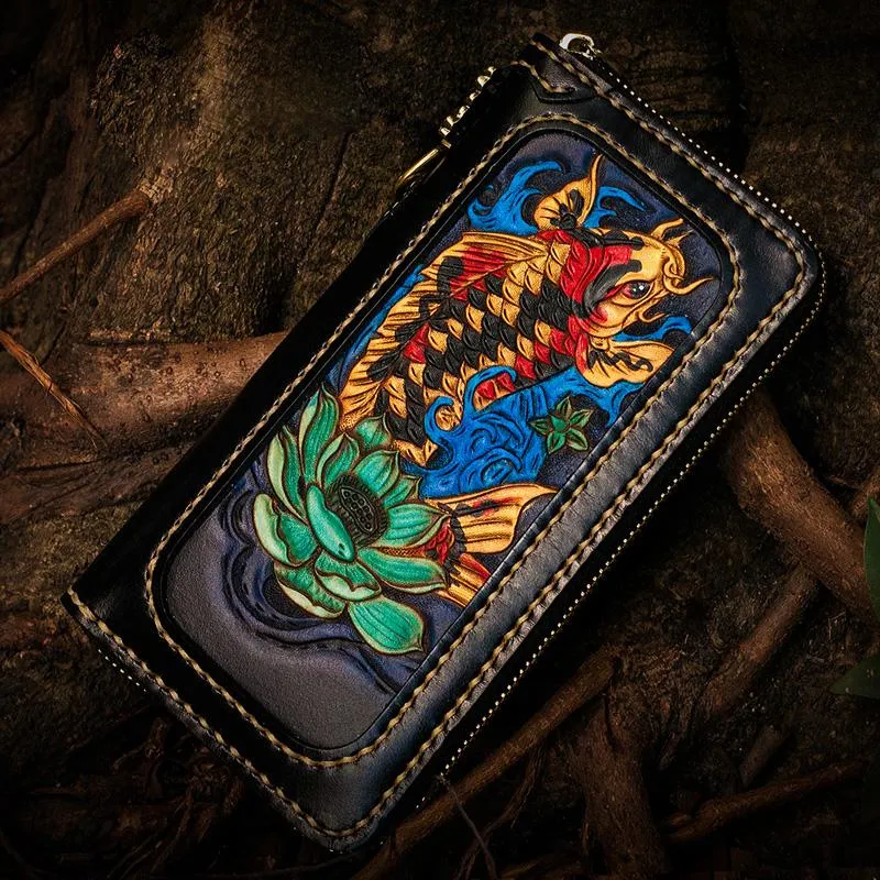 Handmade Leather Tooled Carp Mens Chain Biker Wallet Cool Leather Wallets Long Wallets for Men