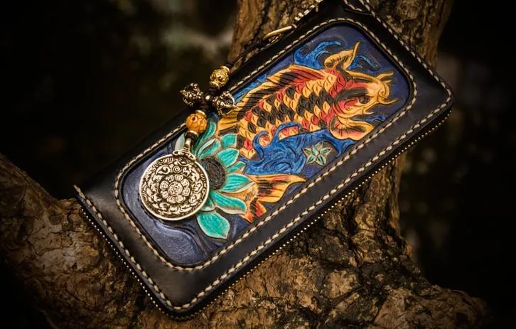 Handmade Leather Tooled Carp Mens Chain Biker Wallet Cool Leather Wallets Long Wallets for Men