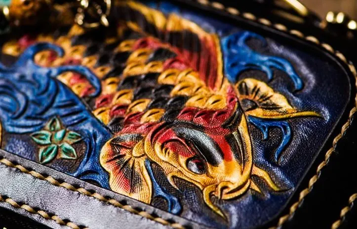 Handmade Leather Tooled Carp Mens Chain Biker Wallet Cool Leather Wallets Long Wallets for Men