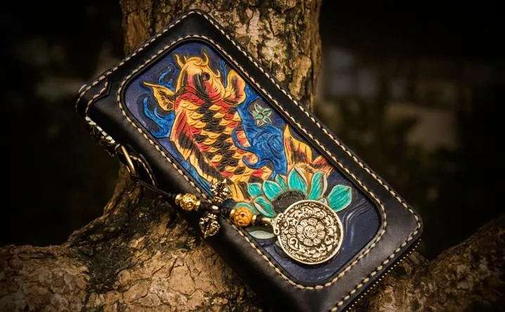 Handmade Leather Tooled Carp Mens Chain Biker Wallet Cool Leather Wallets Long Wallets for Men