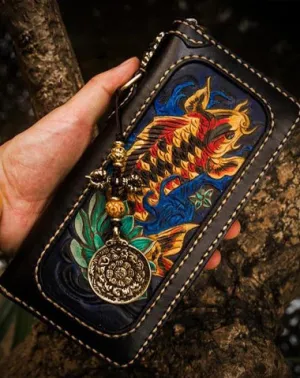 Handmade Leather Tooled Carp Mens Chain Biker Wallet Cool Leather Wallets Long Wallets for Men