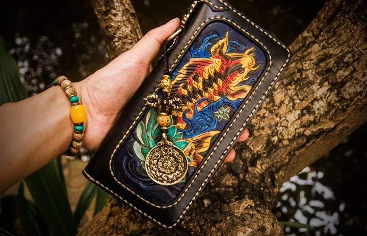 Handmade Leather Tooled Carp Mens Chain Biker Wallet Cool Leather Wallets Long Wallets for Men