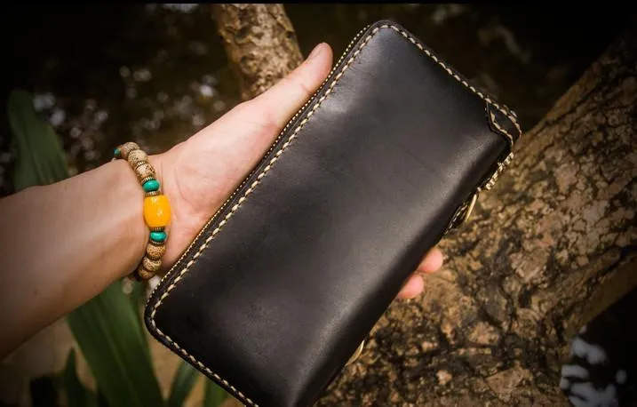 Handmade Leather Tooled Carp Mens Chain Biker Wallet Cool Leather Wallets Long Wallets for Men