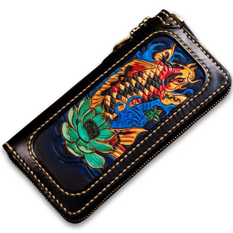 Handmade Leather Tooled Carp Mens Chain Biker Wallet Cool Leather Wallets Long Wallets for Men