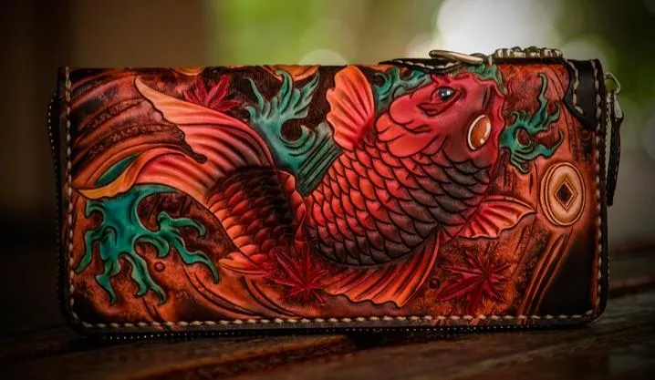 Handmade Leather Tooled Carp Mens Chain Biker Wallets Cool Leather Wallet Long Wallets for Men