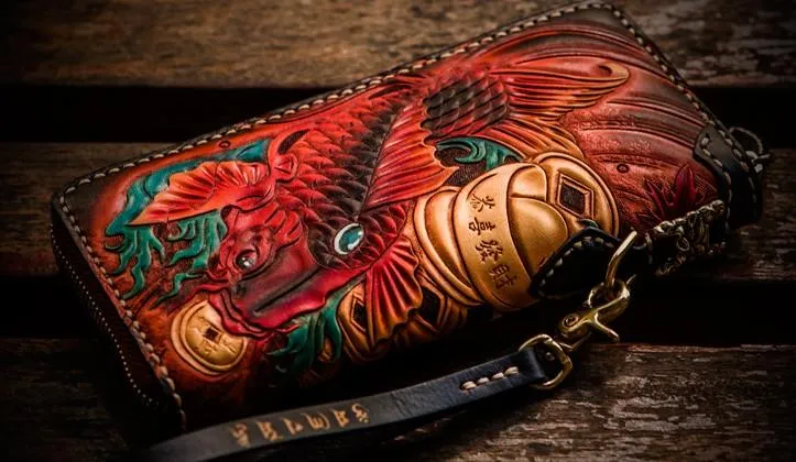 Handmade Leather Tooled Carp Mens Chain Biker Wallets Cool Leather Wallet Long Wallets for Men