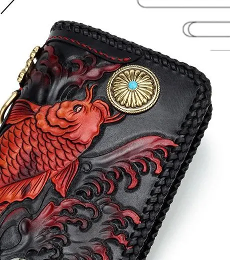 Handmade Leather Tooled Carp Prajna Mens Chain Biker Wallet Cool Leather Wallet Zipper Long Phone Wallets for Men