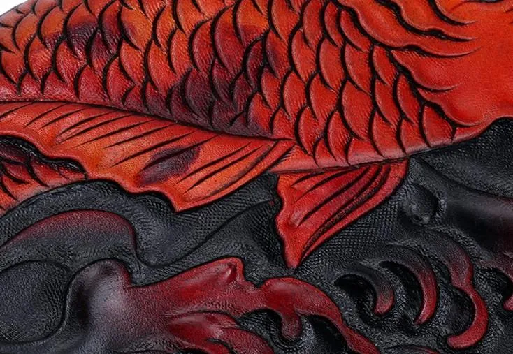 Handmade Leather Tooled Carp Prajna Mens Chain Biker Wallet Cool Leather Wallet Zipper Long Phone Wallets for Men