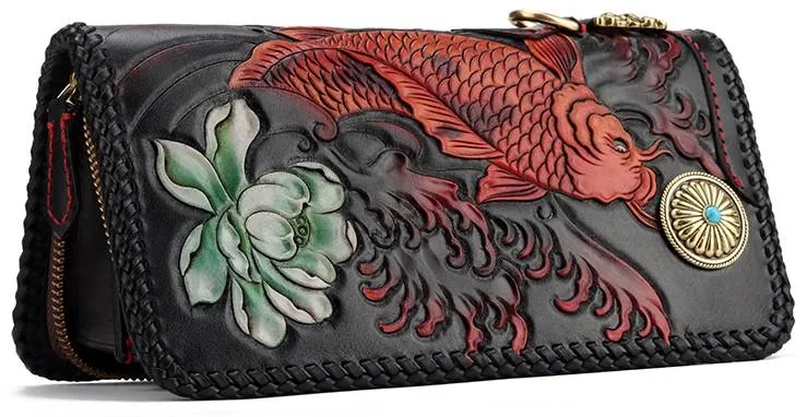 Handmade Leather Tooled Carp Prajna Mens Chain Biker Wallet Cool Leather Wallet Zipper Long Phone Wallets for Men