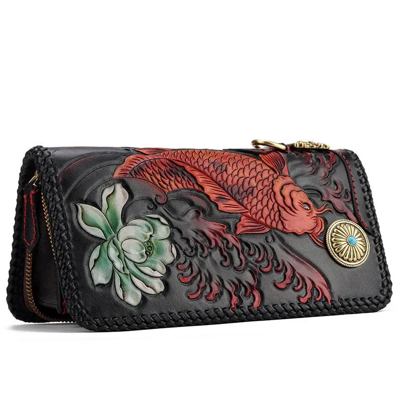 Handmade Leather Tooled Carp Prajna Mens Chain Biker Wallet Cool Leather Wallet Zipper Long Phone Wallets for Men