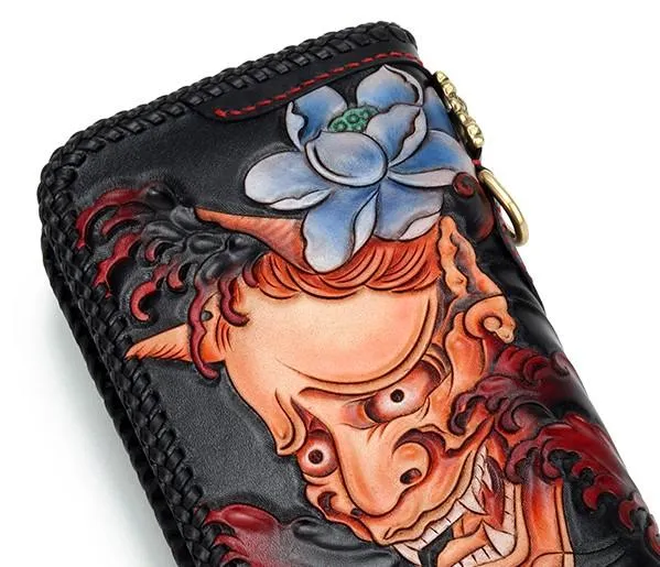 Handmade Leather Tooled Carp Prajna Mens Chain Biker Wallet Cool Leather Wallet Zipper Long Phone Wallets for Men