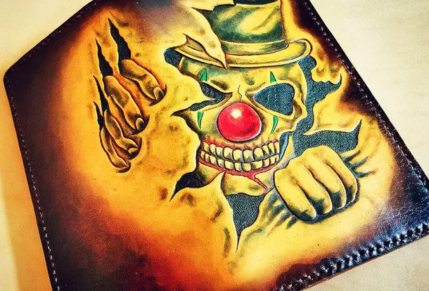 Handmade leather tooled carved wallet long wallet clown skull men biker long wallet