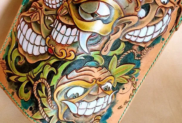 Handmade leather tooled carved wallet long wallet Gabbra men biker long wallet