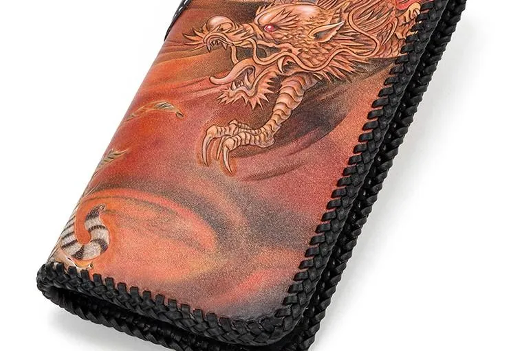 Handmade Leather Tooled Chinese Dragon Tiger Mens Chain Biker Wallet Cool Leather Wallet Long Clutch Wallets for Men