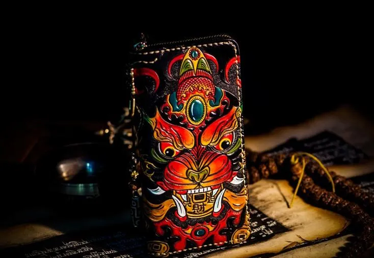 Handmade Leather Tooled Chinese Monster Mens Chain Biker Wallet Cool Leather Wallet Zipper Long Phone Wallets for Men