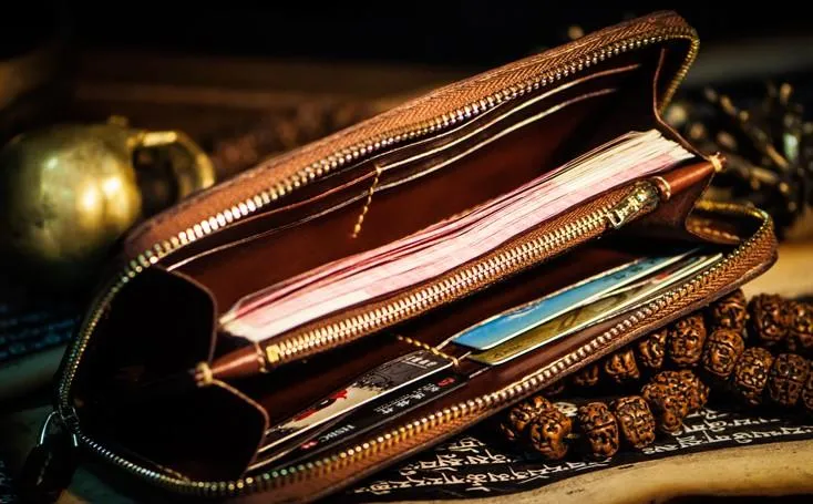 Handmade Leather Tooled Ganesh Mens Chain Biker Wallets Cool Leather Wallet Zipper Long Wallets for Men