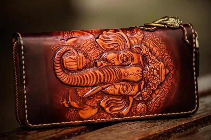 Handmade Leather Tooled Ganesh Mens Chain Biker Wallets Cool Leather Wallet Zipper Long Wallets for Men