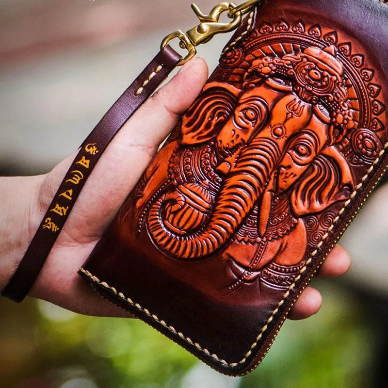 Handmade Leather Tooled Ganesh Mens Chain Biker Wallets Cool Leather Wallet Zipper Long Wallets for Men