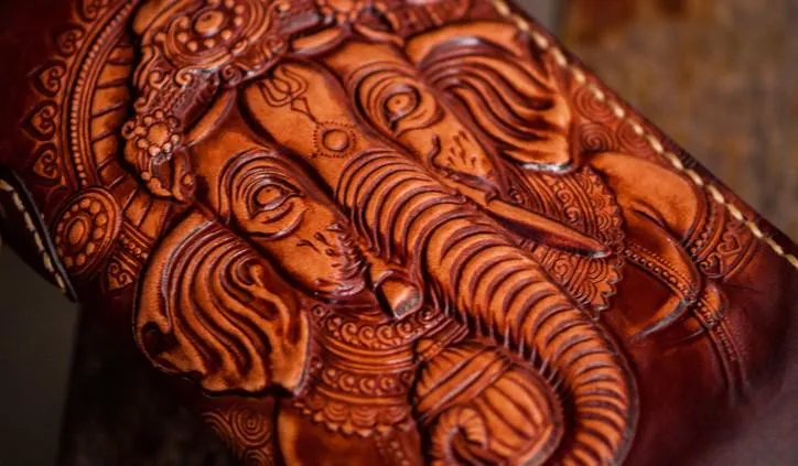 Handmade Leather Tooled Ganesh Mens Chain Biker Wallets Cool Leather Wallet Zipper Long Wallets for Men