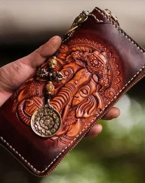 Handmade Leather Tooled Ganesh Mens Chain Biker Wallets Cool Leather Wallet Zipper Long Wallets for Men