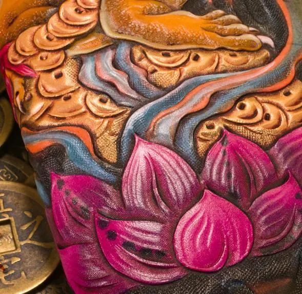 Handmade Leather Tooled Golden Toad Mens Chain Biker Wallet Cool Leather Wallet Long Phone Wallets for Men