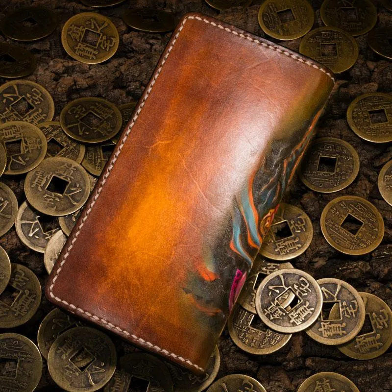 Handmade Leather Tooled Golden Toad Mens Chain Biker Wallet Cool Leather Wallet Long Phone Wallets for Men