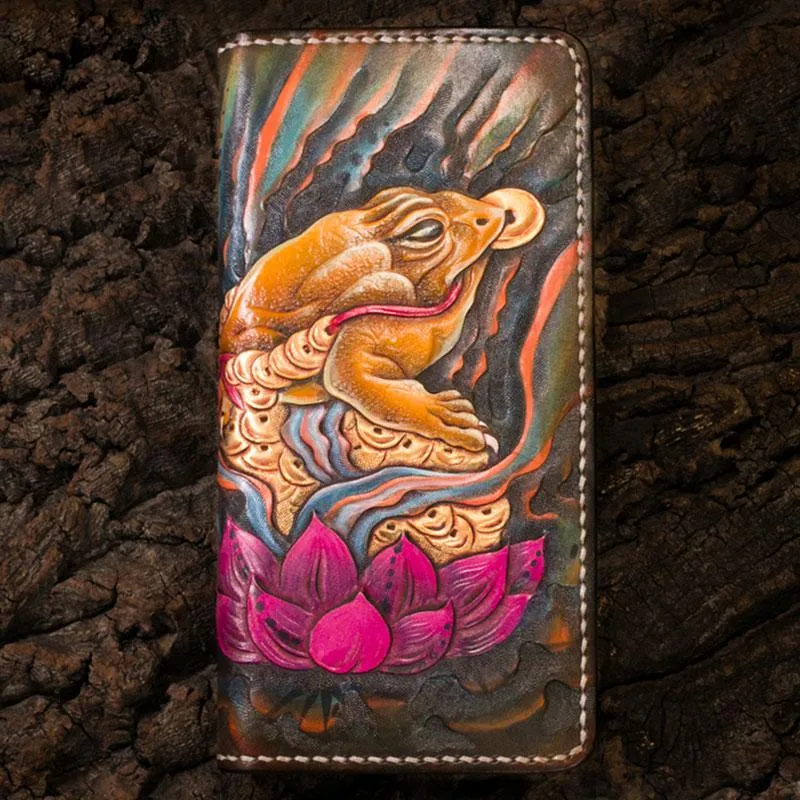 Handmade Leather Tooled Golden Toad Mens Chain Biker Wallet Cool Leather Wallet Long Phone Wallets for Men