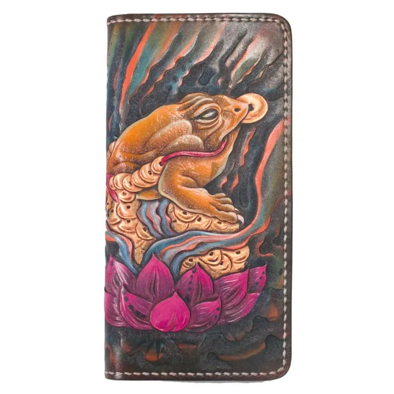 Handmade Leather Tooled Golden Toad Mens Chain Biker Wallet Cool Leather Wallet Long Phone Wallets for Men