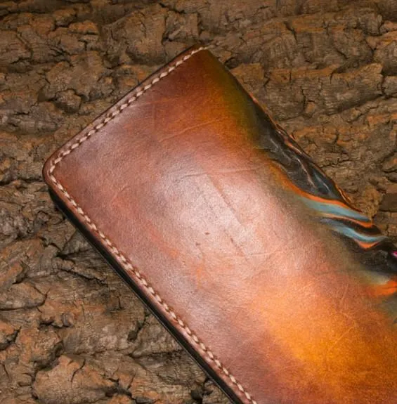 Handmade Leather Tooled Golden Toad Mens Chain Biker Wallet Cool Leather Wallet Long Phone Wallets for Men