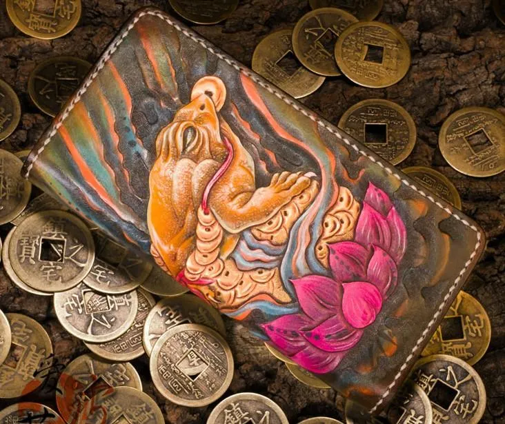 Handmade Leather Tooled Golden Toad Mens Chain Biker Wallet Cool Leather Wallet Long Phone Wallets for Men