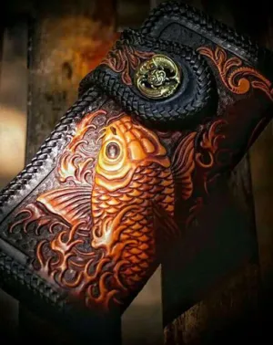 Handmade Leather Tooled Long Carp Mens Chain Biker Wallets Cool Leather Wallet With Chain Wallets for Men