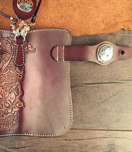 Handmade Leather Tooled Skull Mens Chain Biker Wallet Cool Leather Wallet Long Wallet for Men