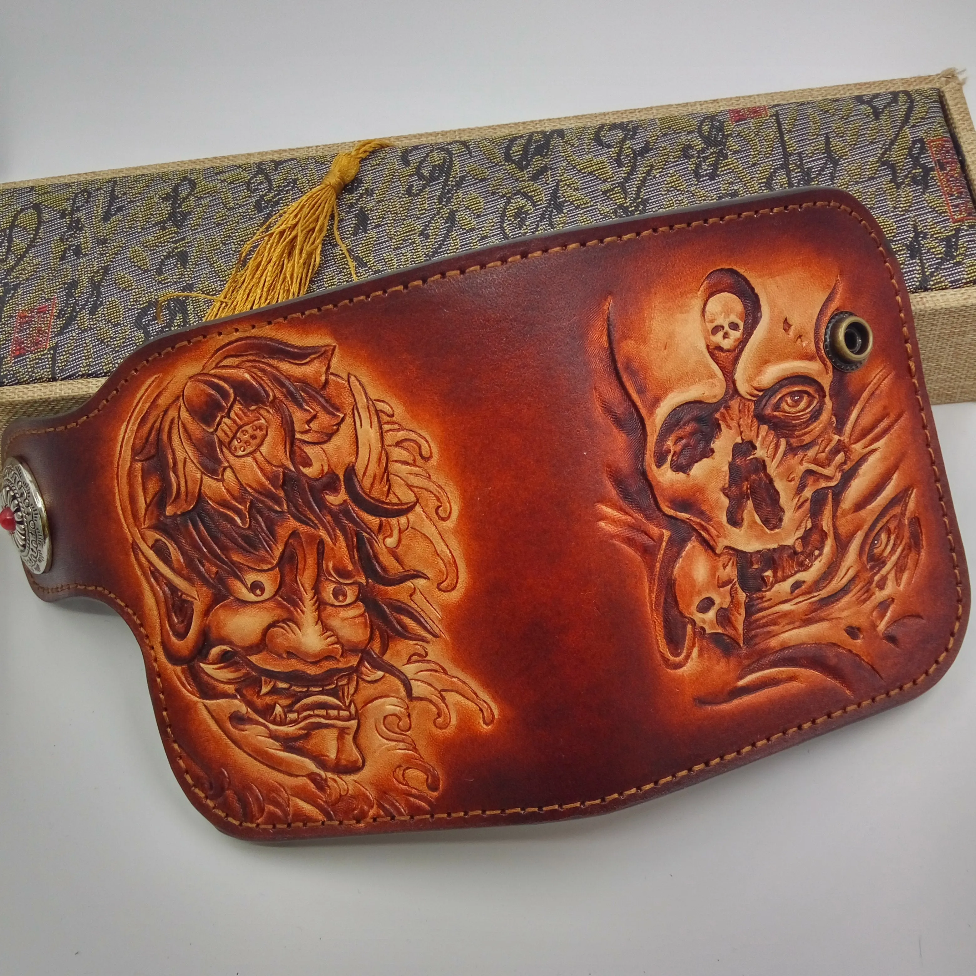 Handmade Leather Tooled Skull Prajna Mens Chain Biker Wallet Cool Leather Wallet Small Wallets for Men