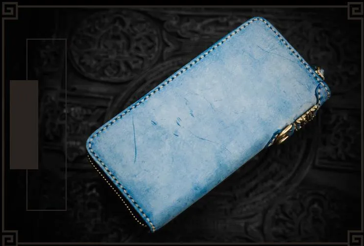 Handmade Leather Tooled Tibetan Mens Chain Biker Wallet Cool Leather Wallet Long Phone Wallets for Men