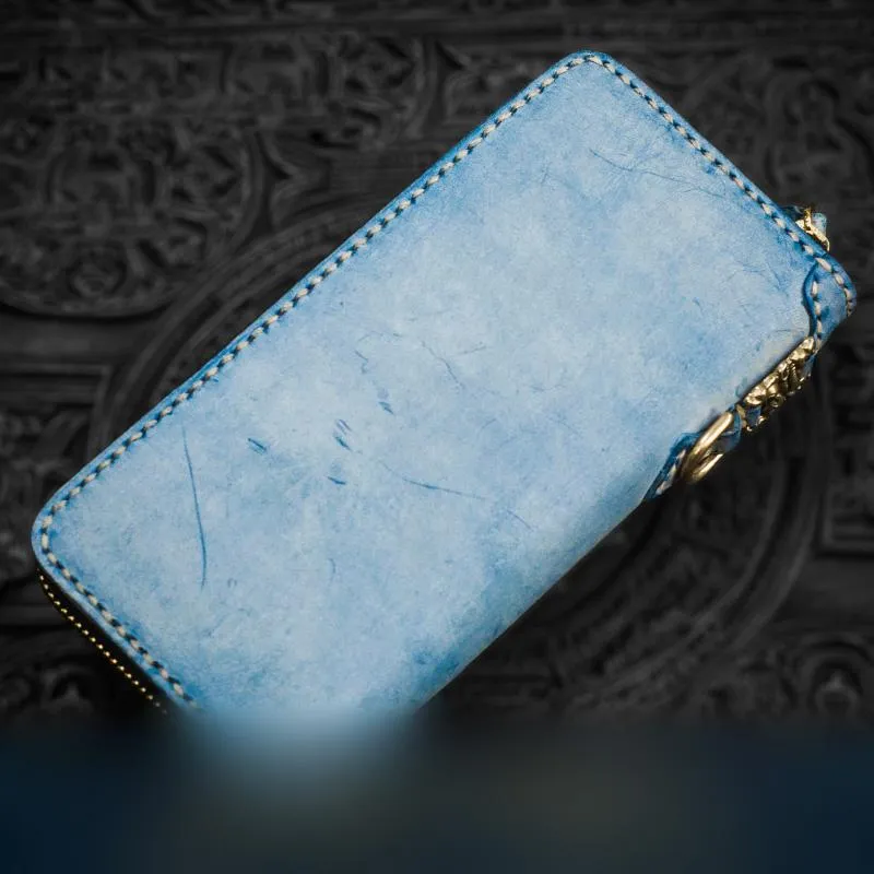 Handmade Leather Tooled Tibetan Mens Chain Biker Wallet Cool Leather Wallet Long Phone Wallets for Men