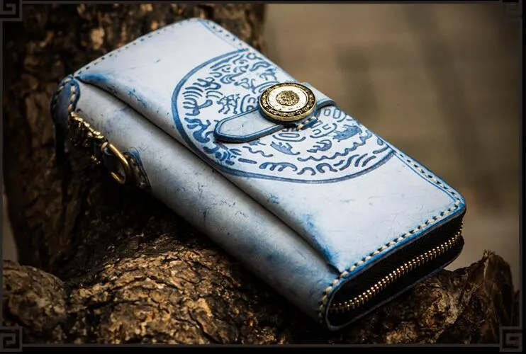 Handmade Leather Tooled Tibetan Mens Chain Biker Wallet Cool Leather Wallet Long Phone Wallets for Men