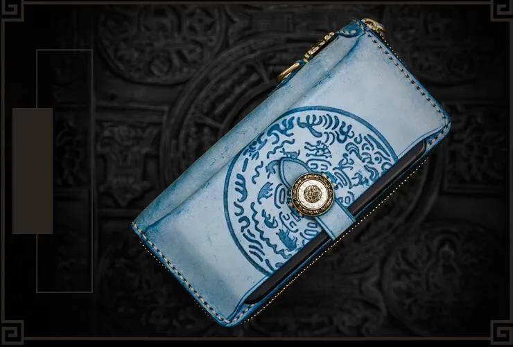 Handmade Leather Tooled Tibetan Mens Chain Biker Wallet Cool Leather Wallet Long Phone Wallets for Men