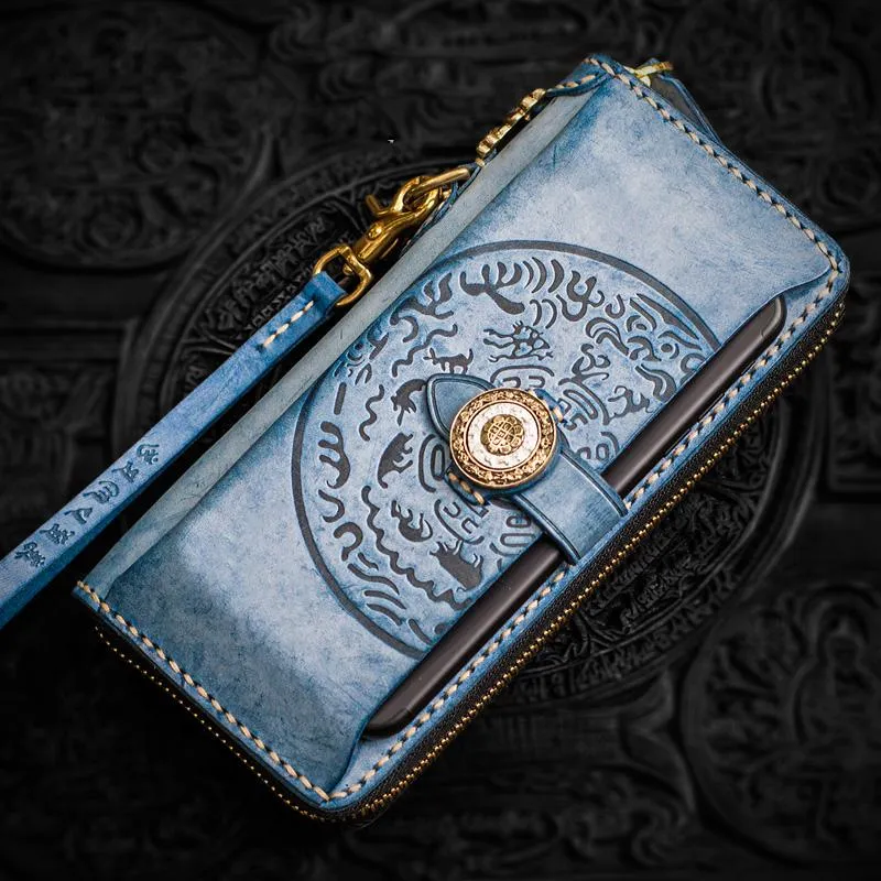 Handmade Leather Tooled Tibetan Mens Chain Biker Wallet Cool Leather Wallet Long Phone Wallets for Men