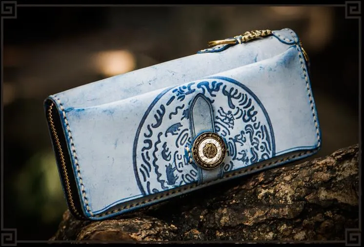 Handmade Leather Tooled Tibetan Mens Chain Biker Wallet Cool Leather Wallet Long Phone Wallets for Men