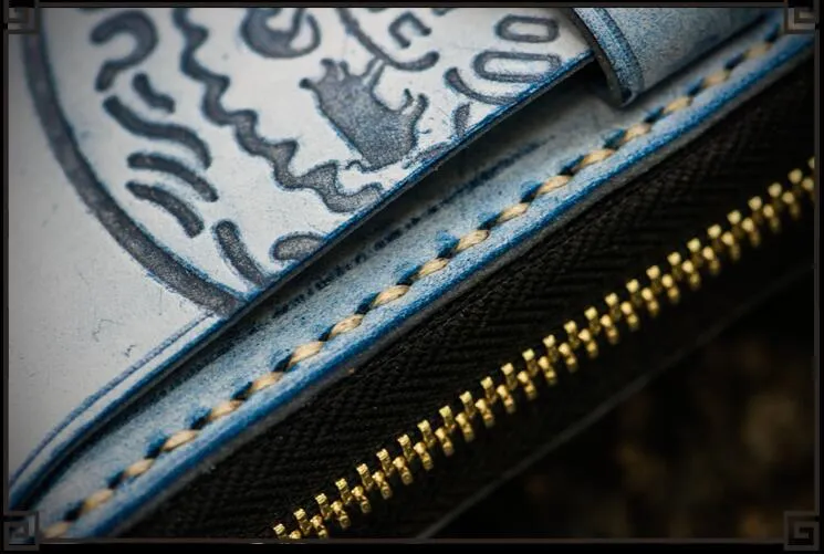 Handmade Leather Tooled Tibetan Mens Chain Biker Wallet Cool Leather Wallet Long Phone Wallets for Men